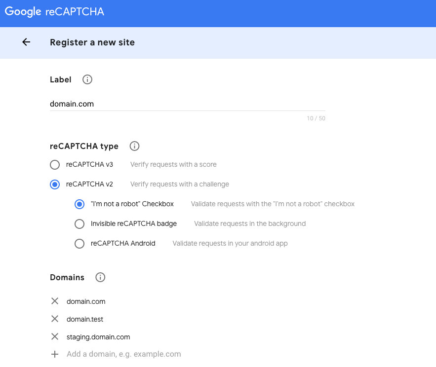Add New Google ReCaptcha site