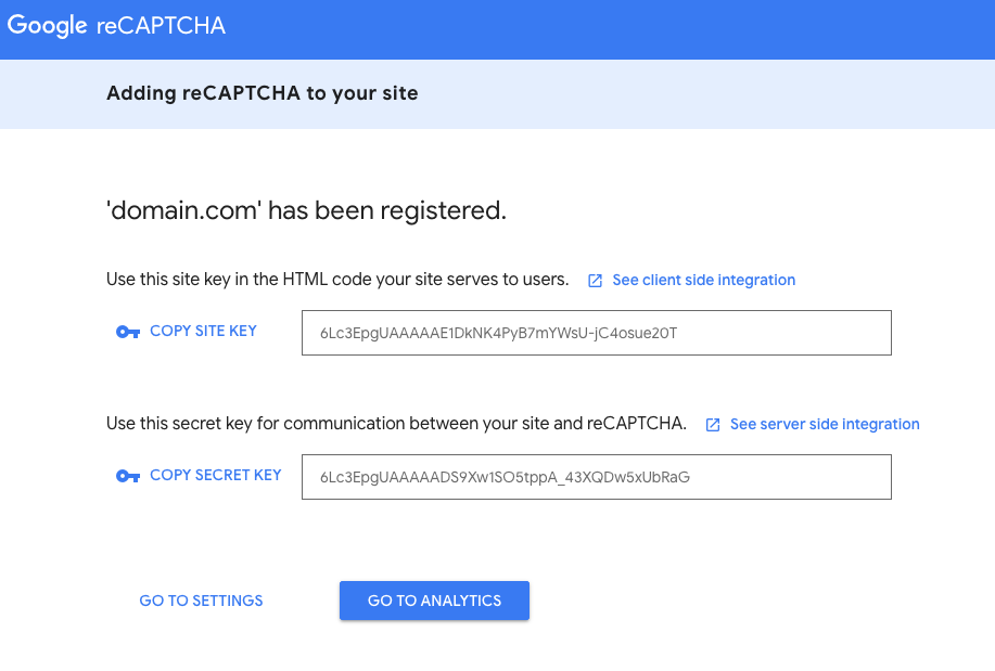 Google ReCaptcha Site and Secret Key